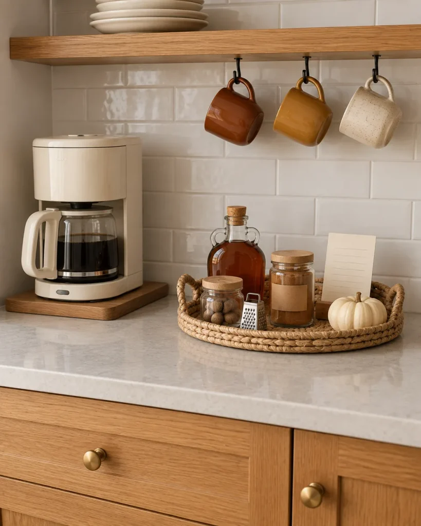 Fall coffee corner with mug hooks in a warm kitchen