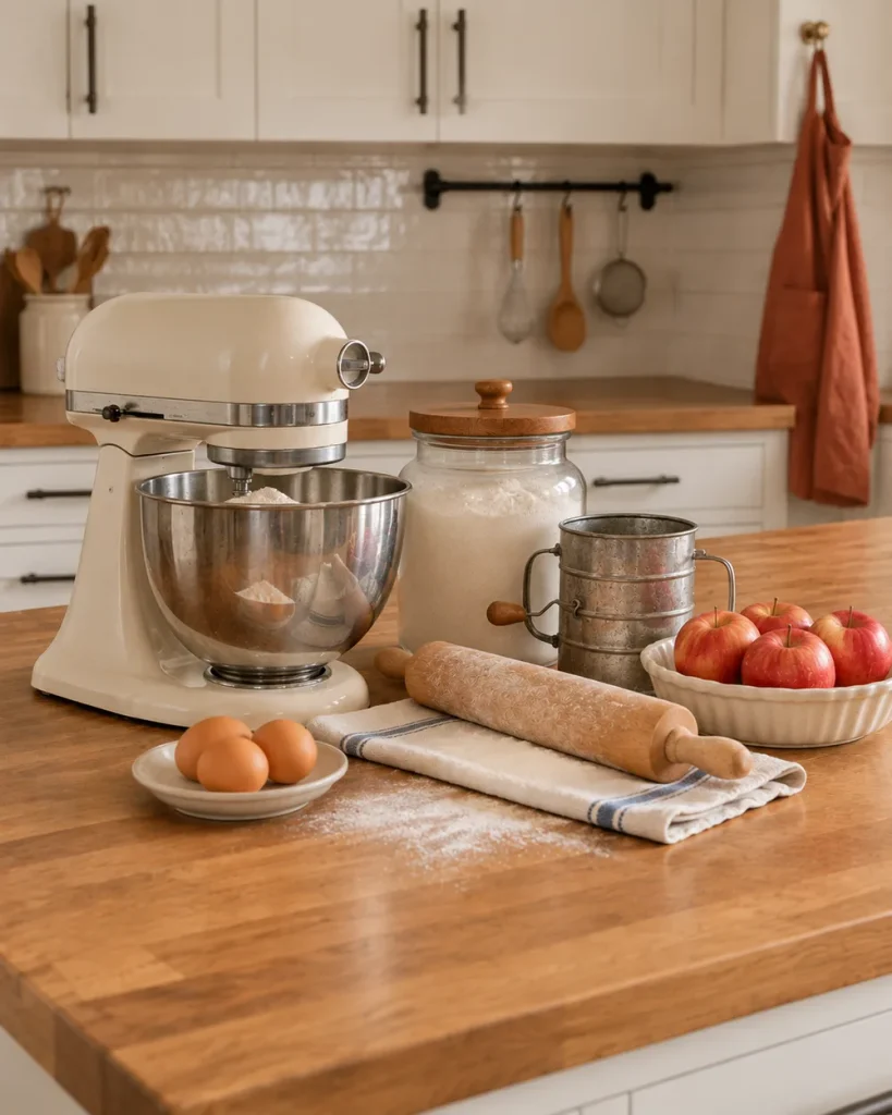 Cream stand mixer beside a flour canister, vintage sifter, rolling pin and pie dish of apples on a butcher block counter