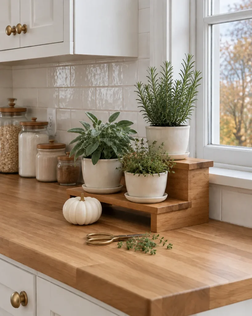 Sage, thyme and rosemary in cream ceramic pots on a small wooden riser beside a kitchen window