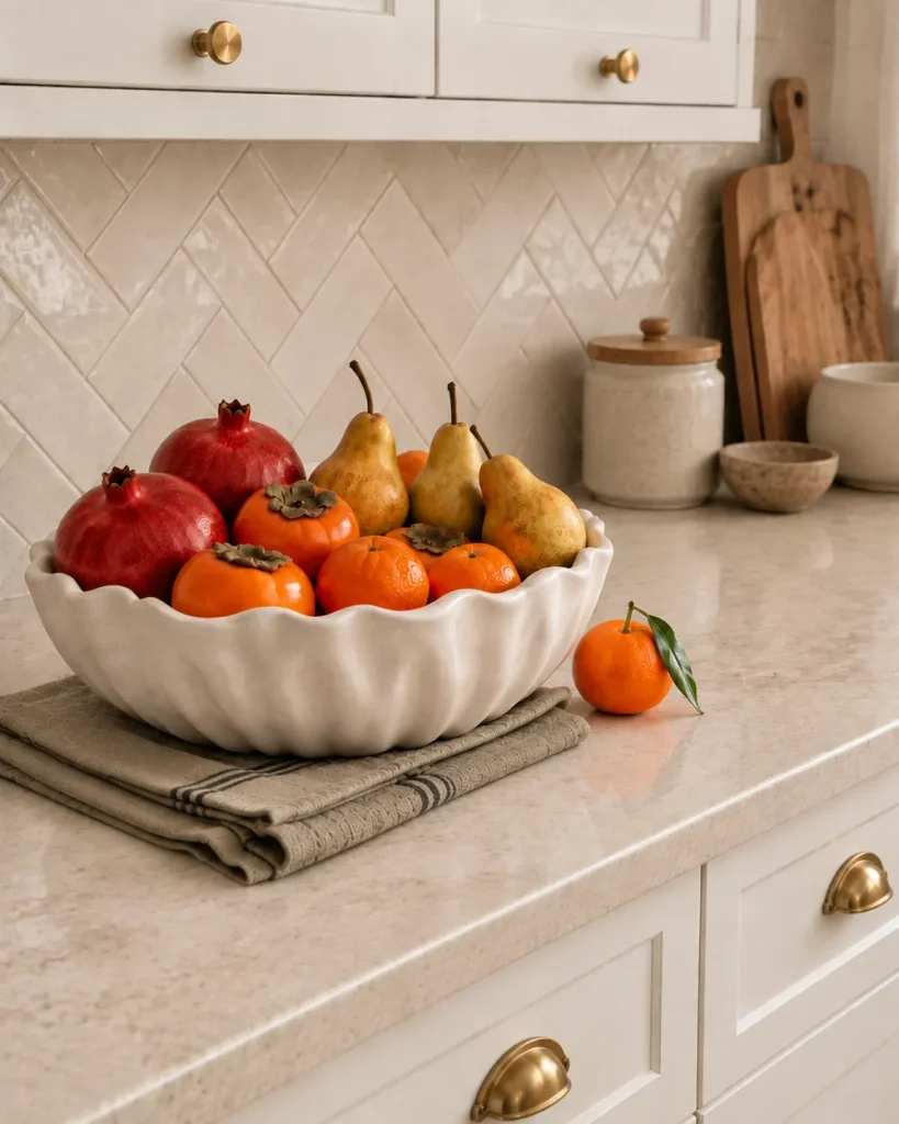 Handmade white ceramic bowl of pomegranates, pears, persimmons and clementines on a linen napkin on a kitchen counter