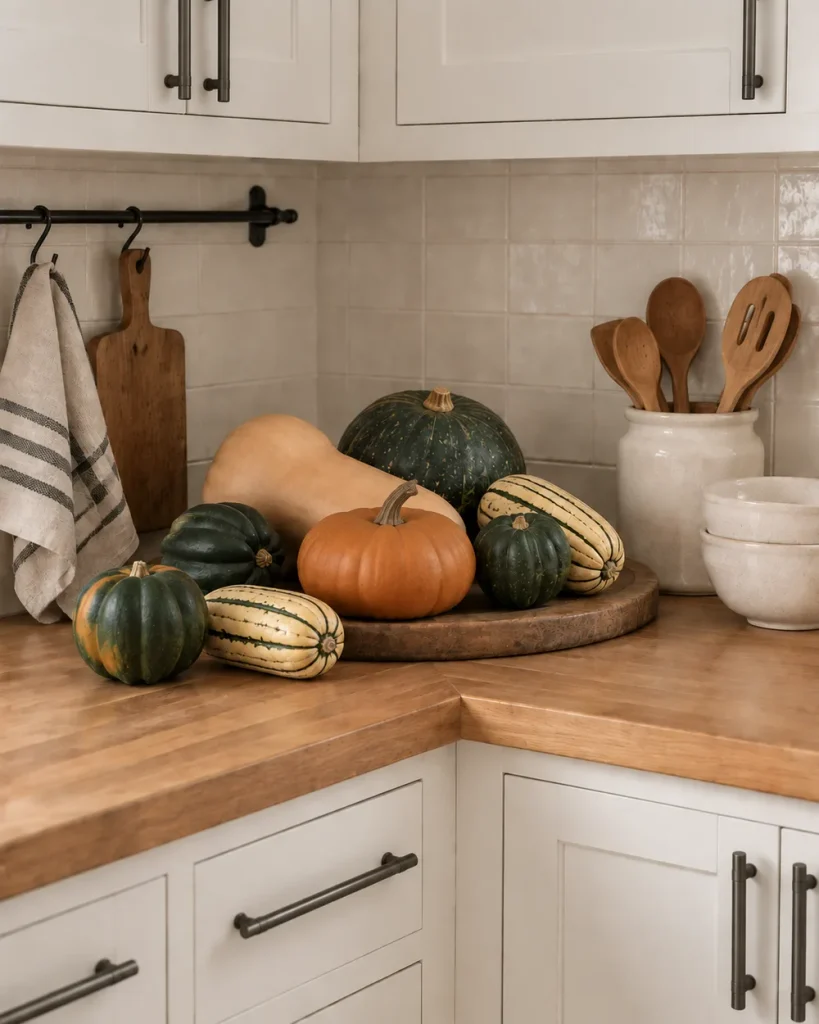 Butternut, acorn, delicata and kabocha squash on a wooden board in the corner of a butcher block kitchen counter