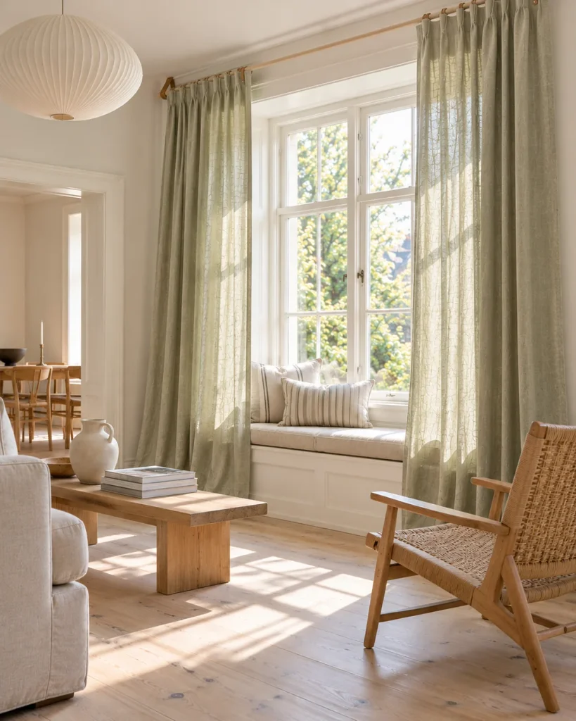 Sage green living room curtains in sheer linen beside a window seat and rattan chair in a bright Scandinavian living room