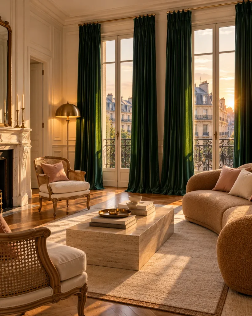 Dark green living room curtains in emerald velvet on tall French windows in a Parisian living room at golden hour
