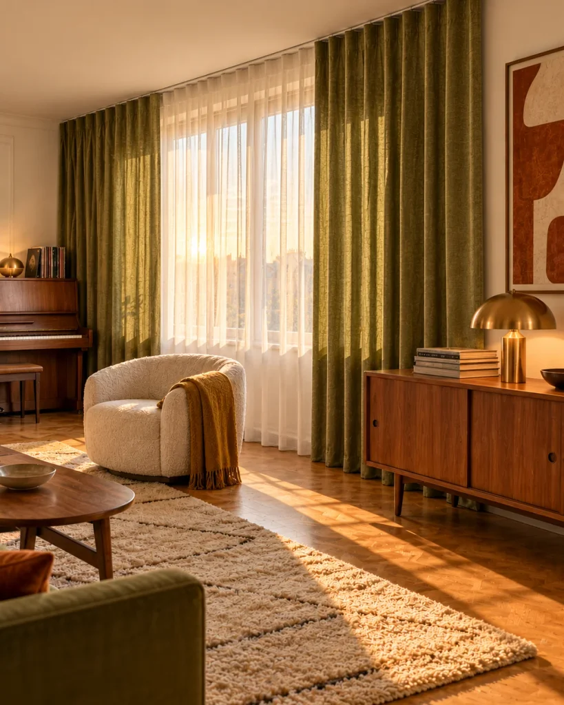 Olive green living room curtains with sheers beside a walnut sideboard and piano in a mid-century living room