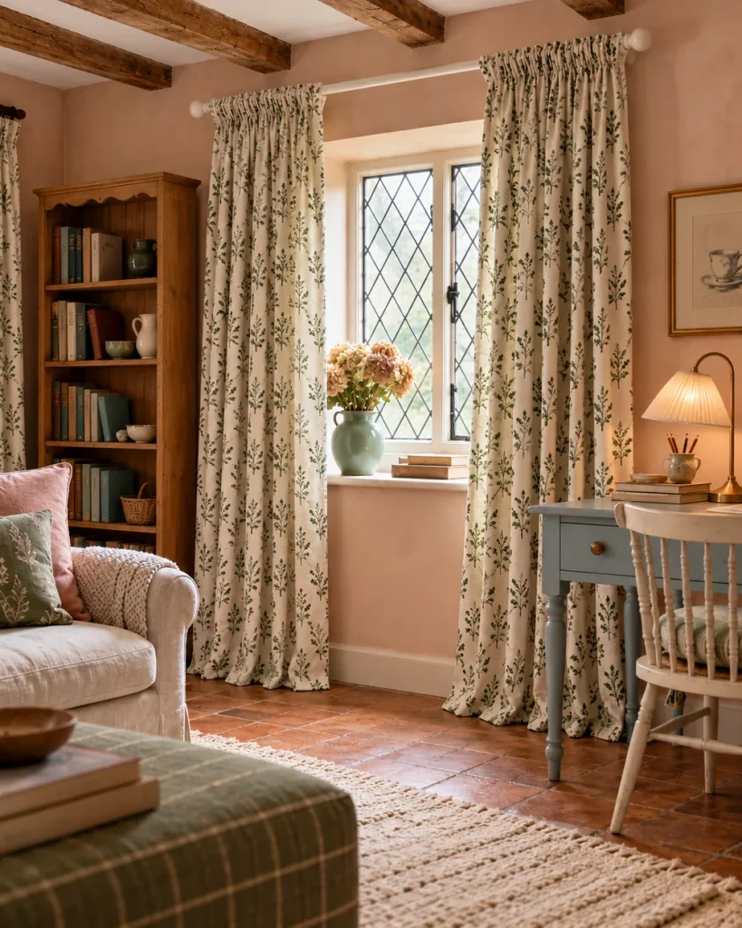 Cream curtains with a small green sprig print beside a painted desk in a blush cottage living room