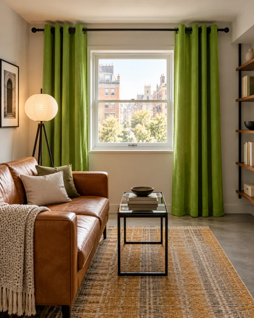 Grass green grommet curtains hung high and wide around a small window in a city apartment living room