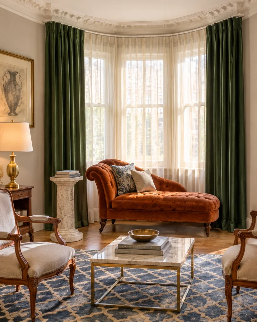 Ivory sheers behind forest green velvet living room curtains in a Victorian bay window with a rust chaise