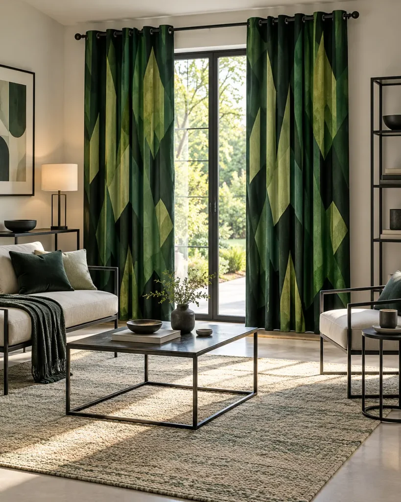 Bold geometric green print curtains with grommets in a modern living room with black metal furniture