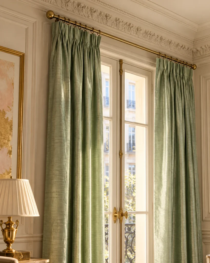 Pale celadon green silk curtains on rings and a slim brass rod above tall Parisian French doors