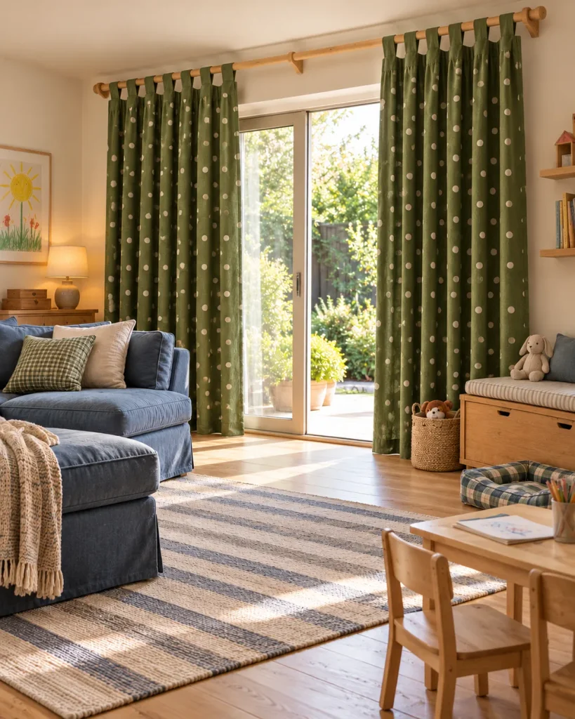 Leaf green polka dot tab-top curtains on a patio door in a family living room with a blue sectional