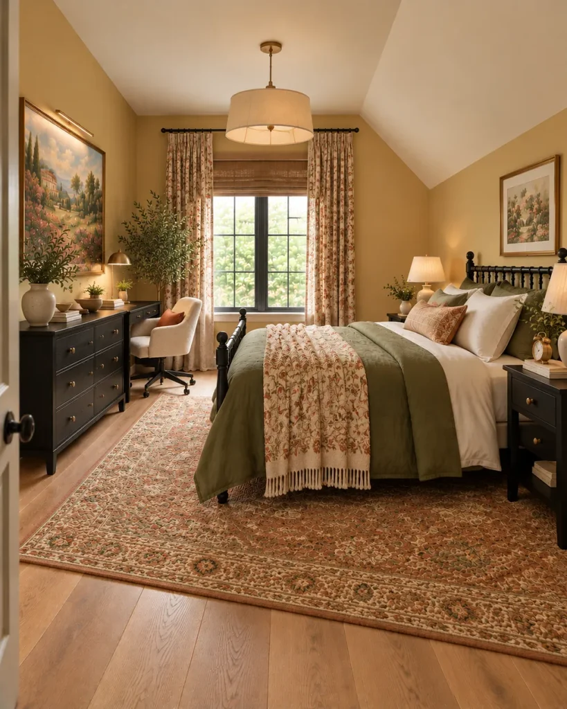 Calm master bedroom with no TV, a black spindle bed and an analog alarm clock on the nightstand