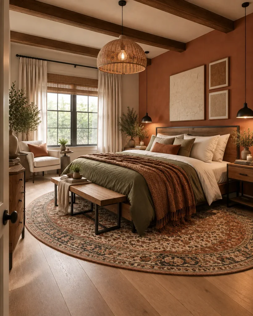 Master bedroom with black pendants beside the bed, a terracotta accent wall and a woven ceiling light