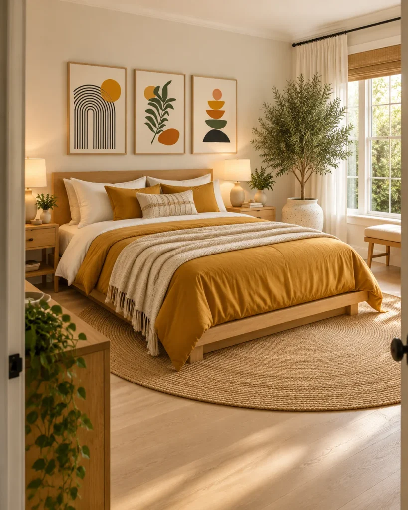 Bright master bedroom with a tall olive tree beside the window and mustard linen bedding