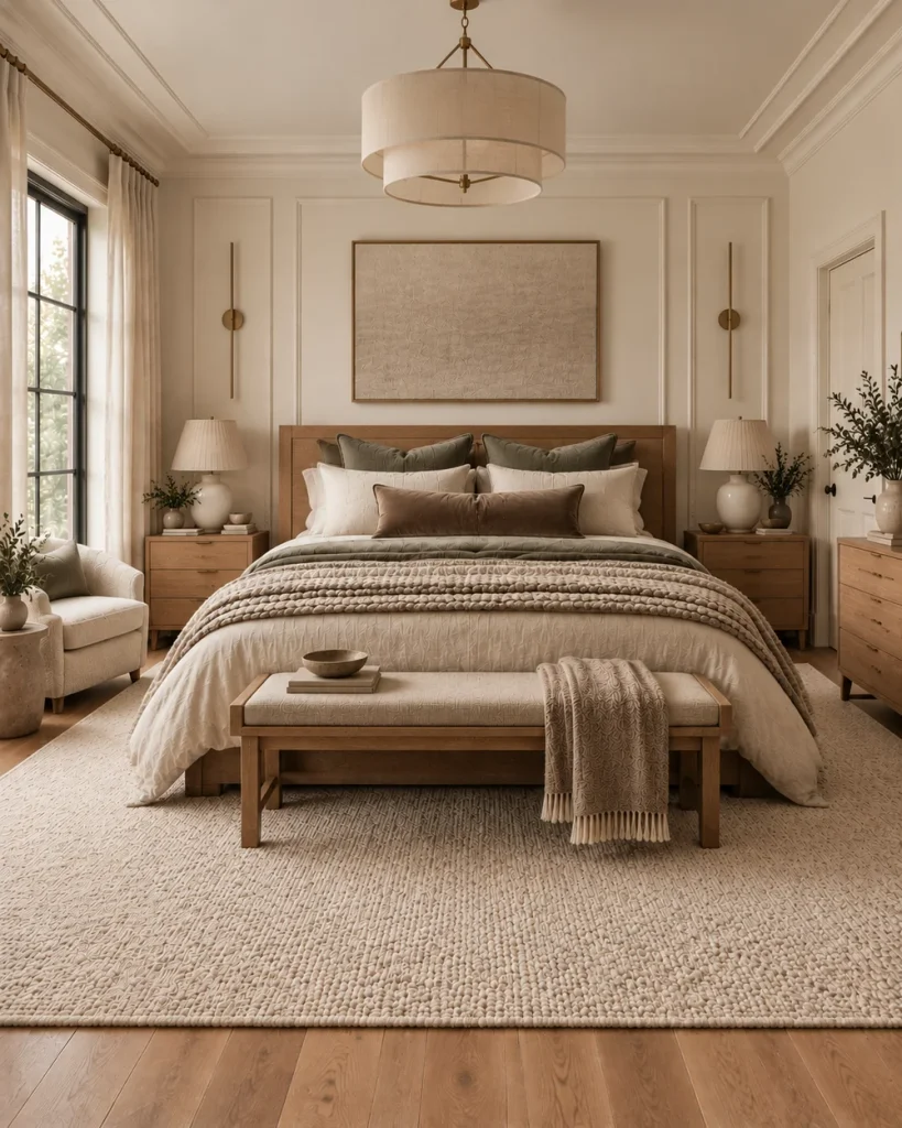 Cocoon-style layered bedding in a calm master bedroom