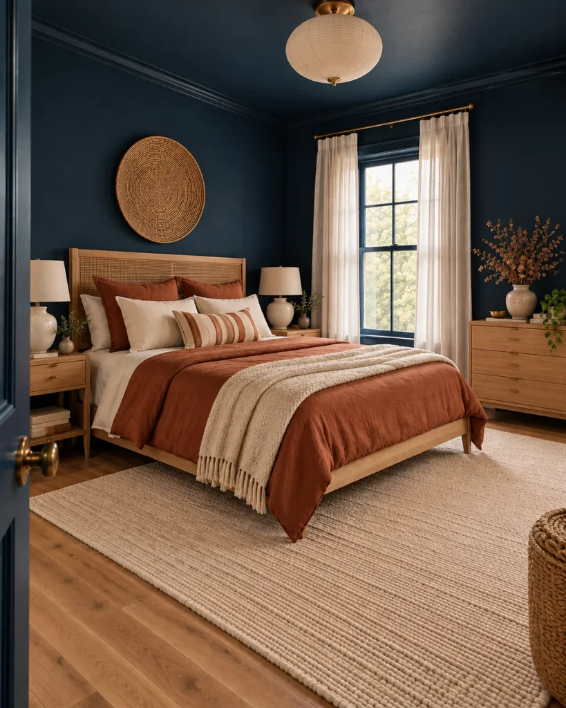 Color-drenched master bedroom with deep navy walls and ceiling, cane headboard and rust linen bedding