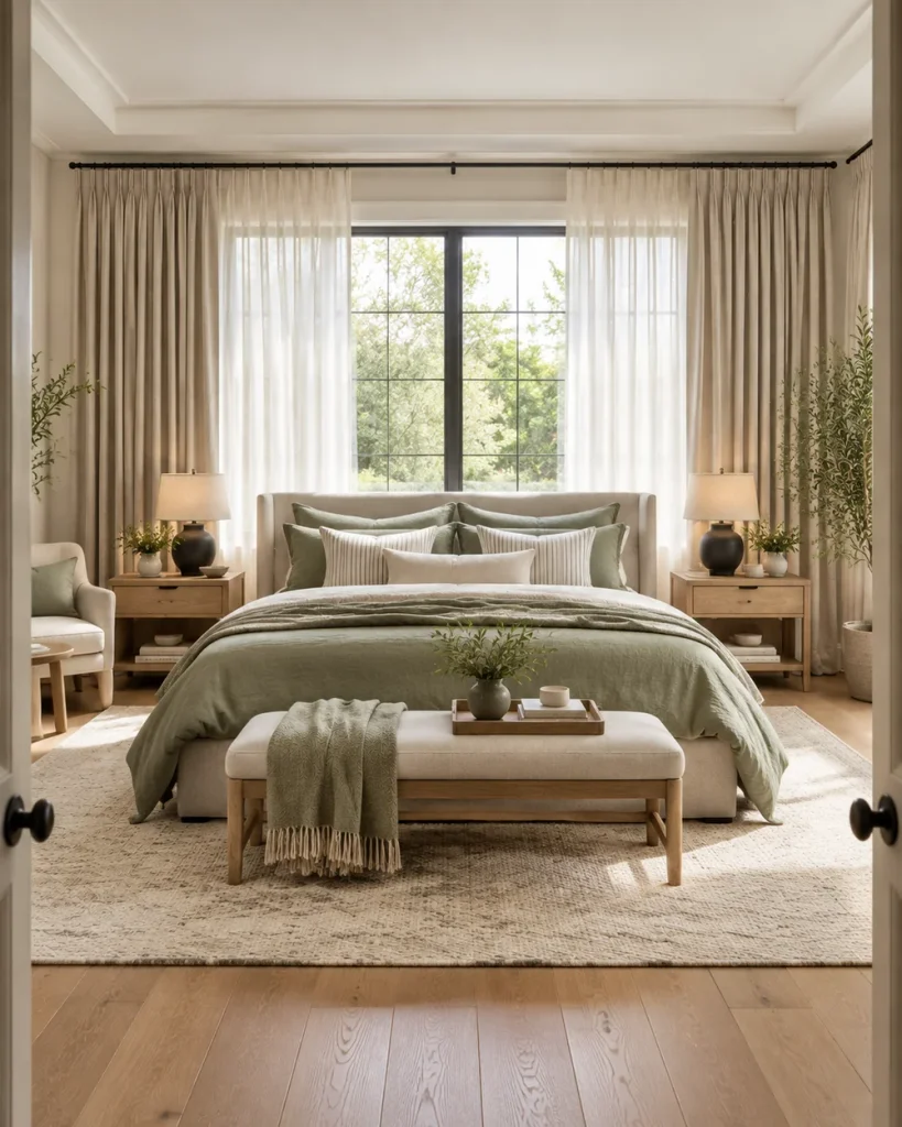 Master bedroom with floor-length linen curtains hung high and wide around a large window