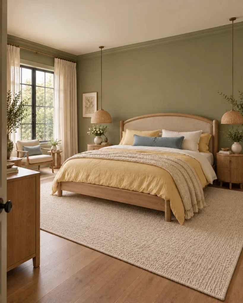 Master bedroom with an arched oak and linen headboard, butter yellow bedding and soft sage walls