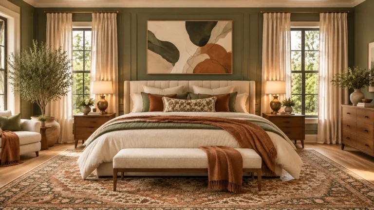Cozy master bedroom ideas: olive green walls, cream tufted bed with rust and olive pillows and a vintage rug