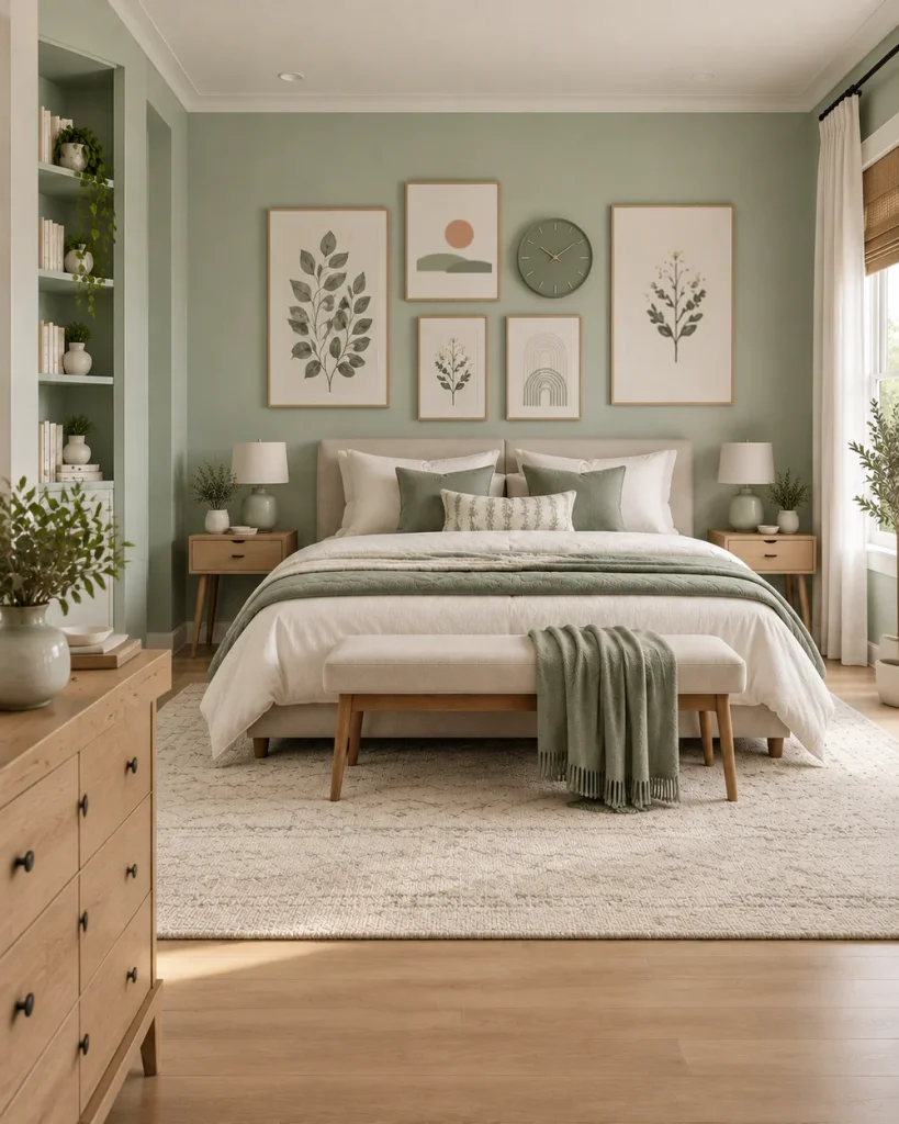Master bedroom with a sage green gallery wall of botanical prints above the bed