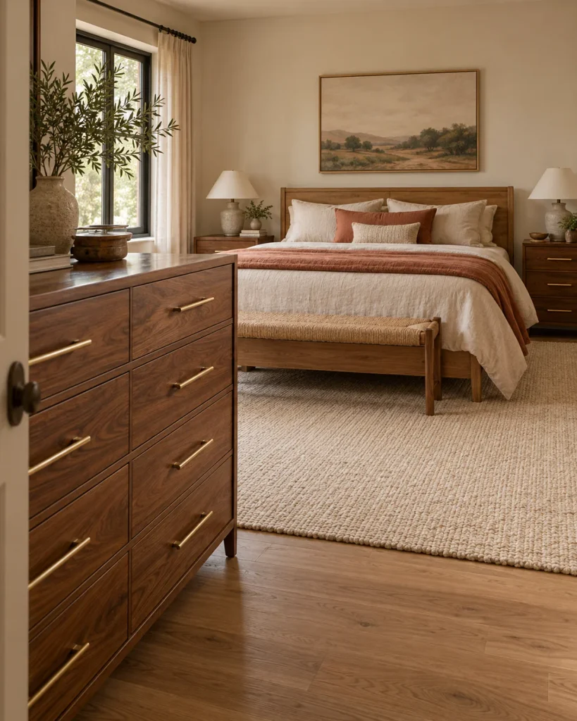 Master bedroom with a walnut dresser and nightstands updated with long brass bar pulls