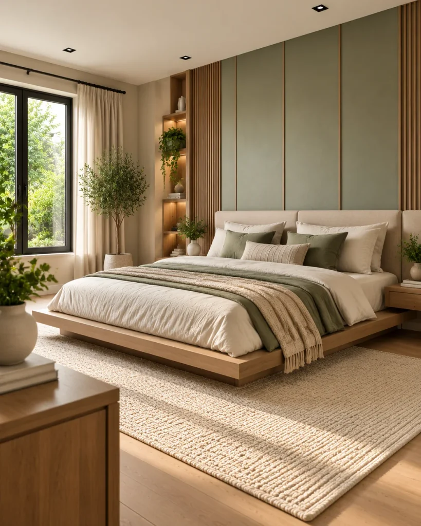 Master bedroom with a sage paneled feature wall framed by oak slats behind a low platform bed