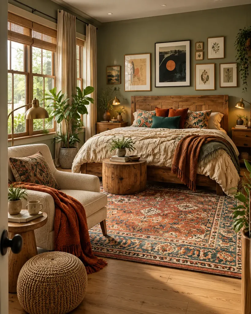 Master bedroom reading corner with a cream armchair, rust knit throw and brass floor lamp