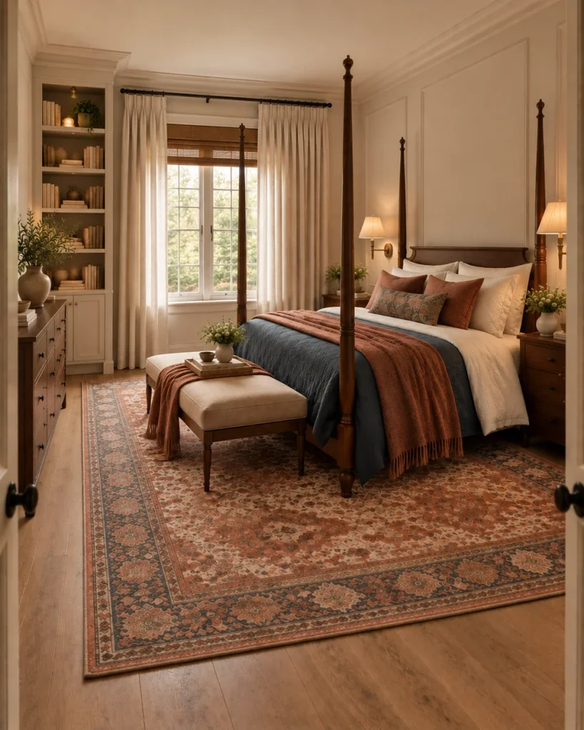 Master bedroom with a large terracotta and indigo rug under a walnut four-poster bed