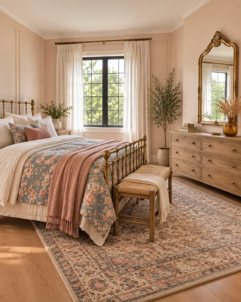 Master bedroom with a vintage gilt mirror above an oak dresser and an antique brass bed