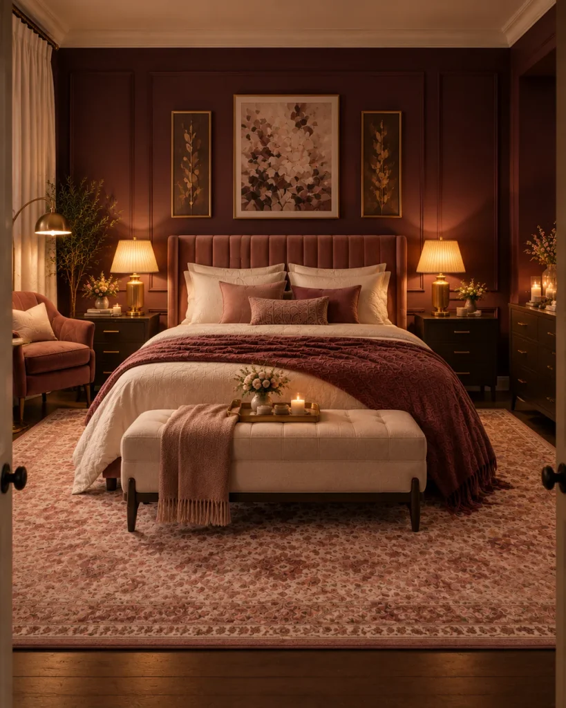 Master bedroom at dusk lit by gold bedside lamps, a brass floor lamp and candles