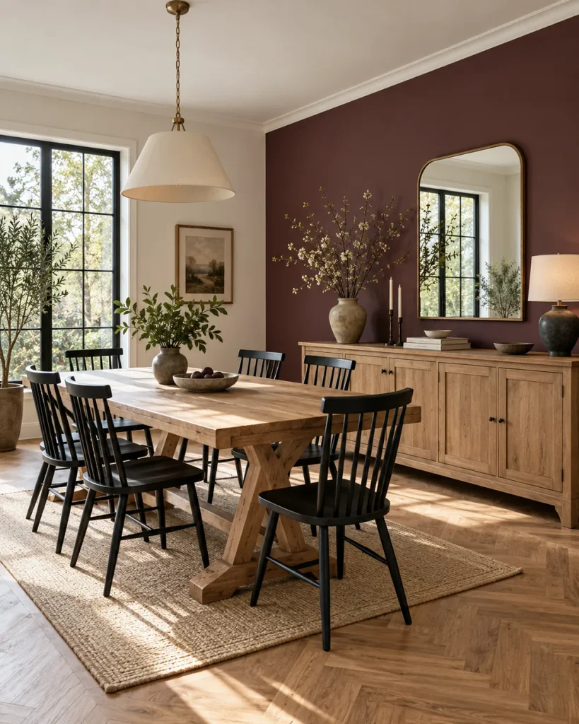 Purple and White Dining Room Ideas featuring a warm plum accent wall, oak sideboard, wooden dining table and black spindle chairs. Copy
