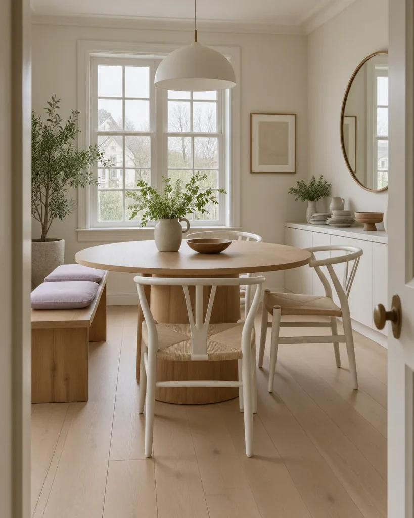 Warm white dining room walls with a round oak table, white wishbone chairs and a wooden bench with lilac cushions.