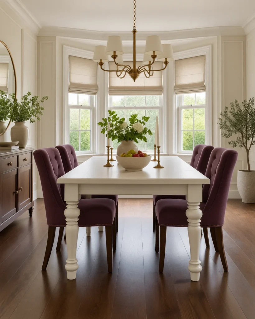 White rectangular dining table with turned legs and plum upholstered chairs in a cream dining room with a bay window.