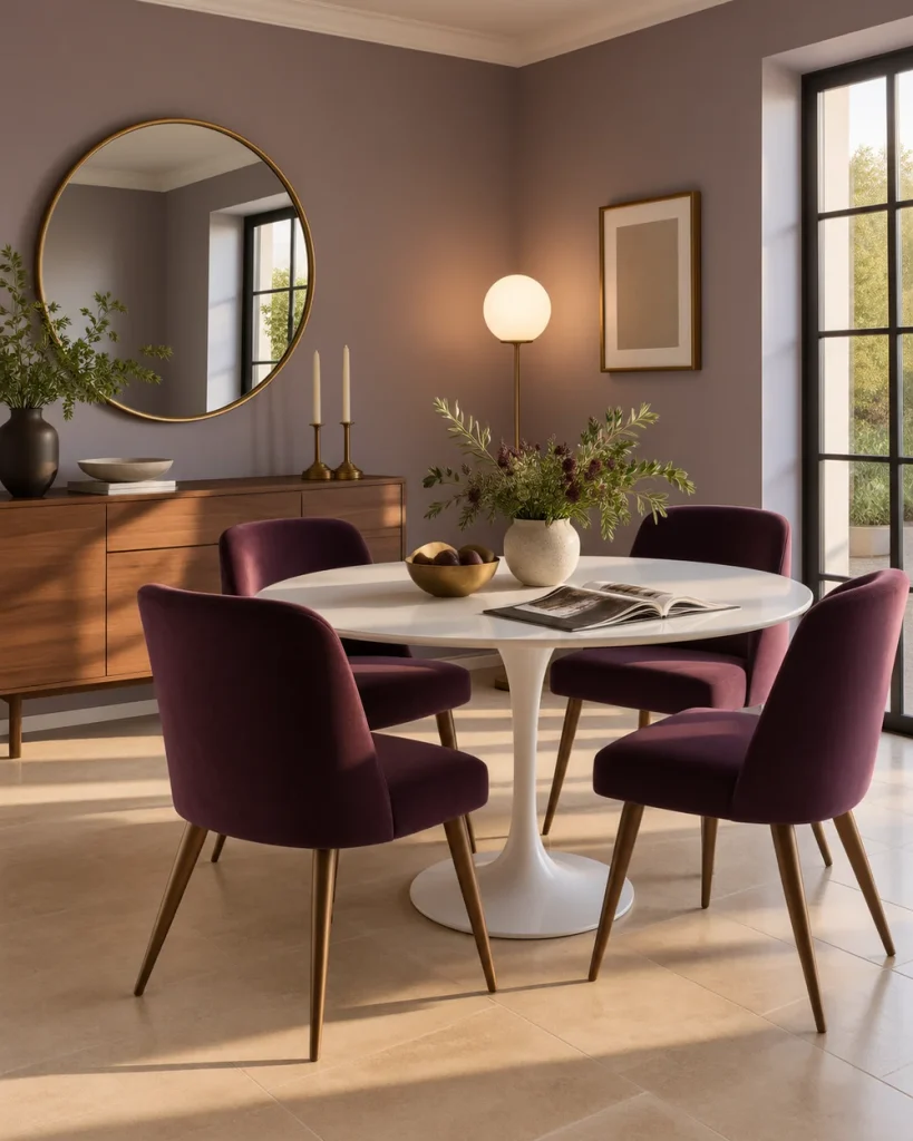 Four aubergine velvet dining chairs around a white tulip table in a dining room with soft gray-purple walls.
