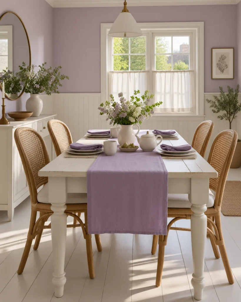 Lavender linen runner and matching napkins on a white farmhouse dining table with woven rattan chairs and soft lilac walls.