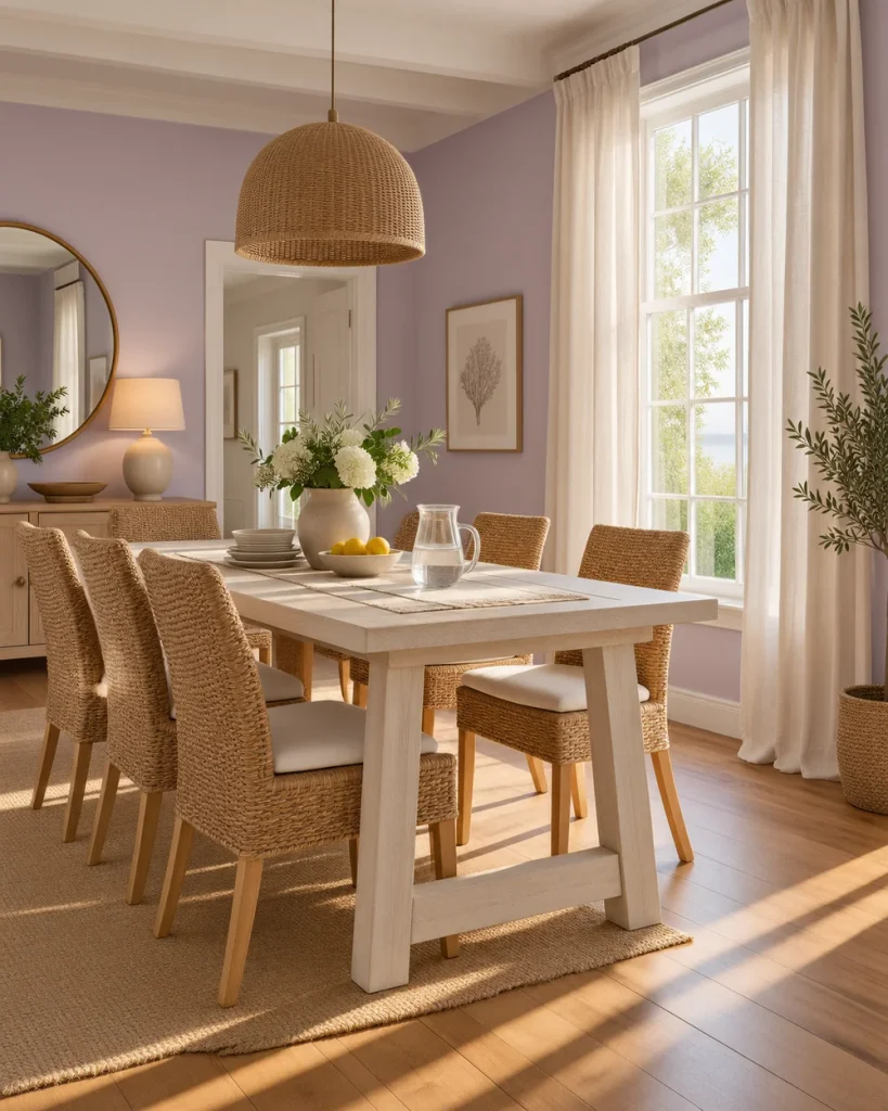 Airy white curtains filtering sunlight into a lavender dining room with a light wood table and woven chairs.