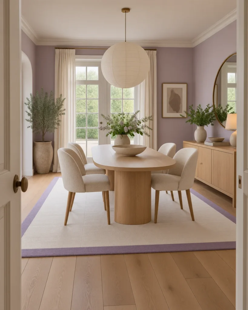 White dining room rug with a lavender-purple border beneath an oval oak table and cream upholstered chairs.