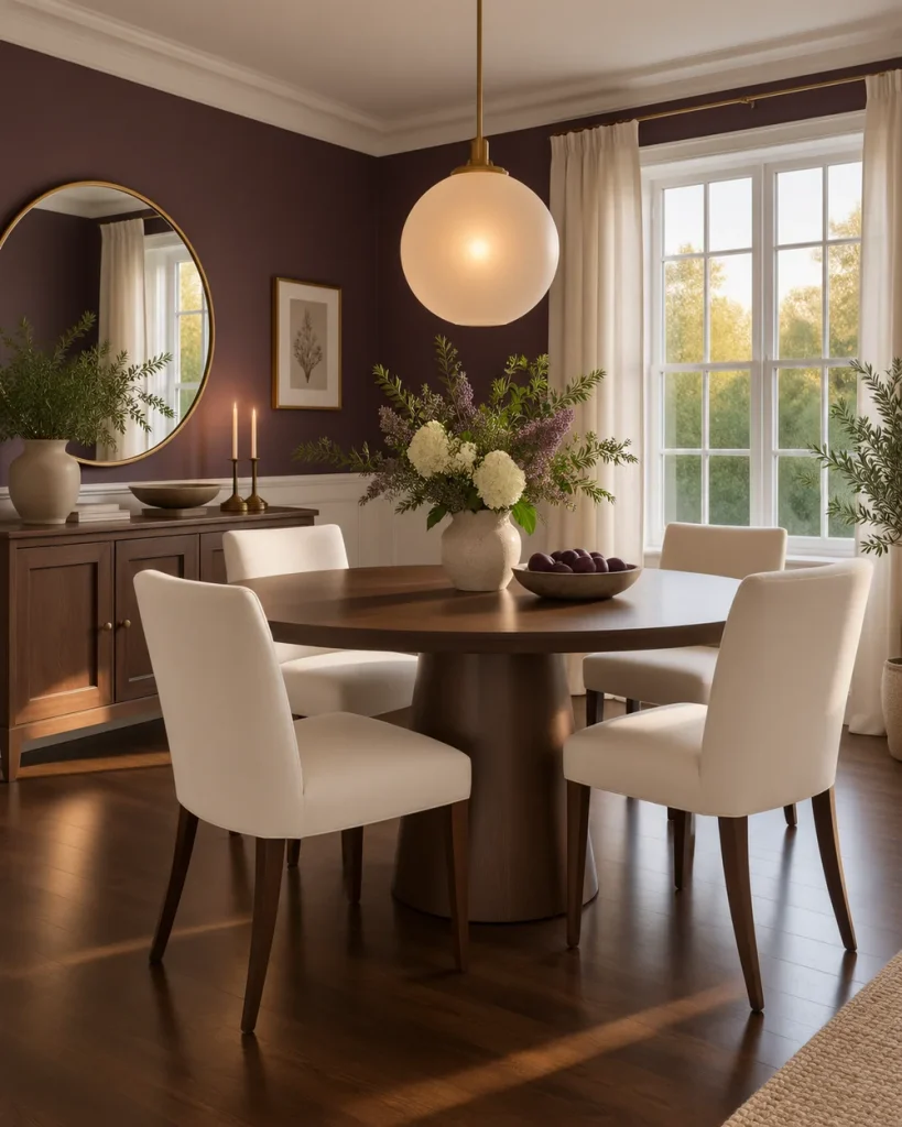 Warm glowing globe pendant light above a round wooden dining table with cream chairs, plum walls and white wainscoting.