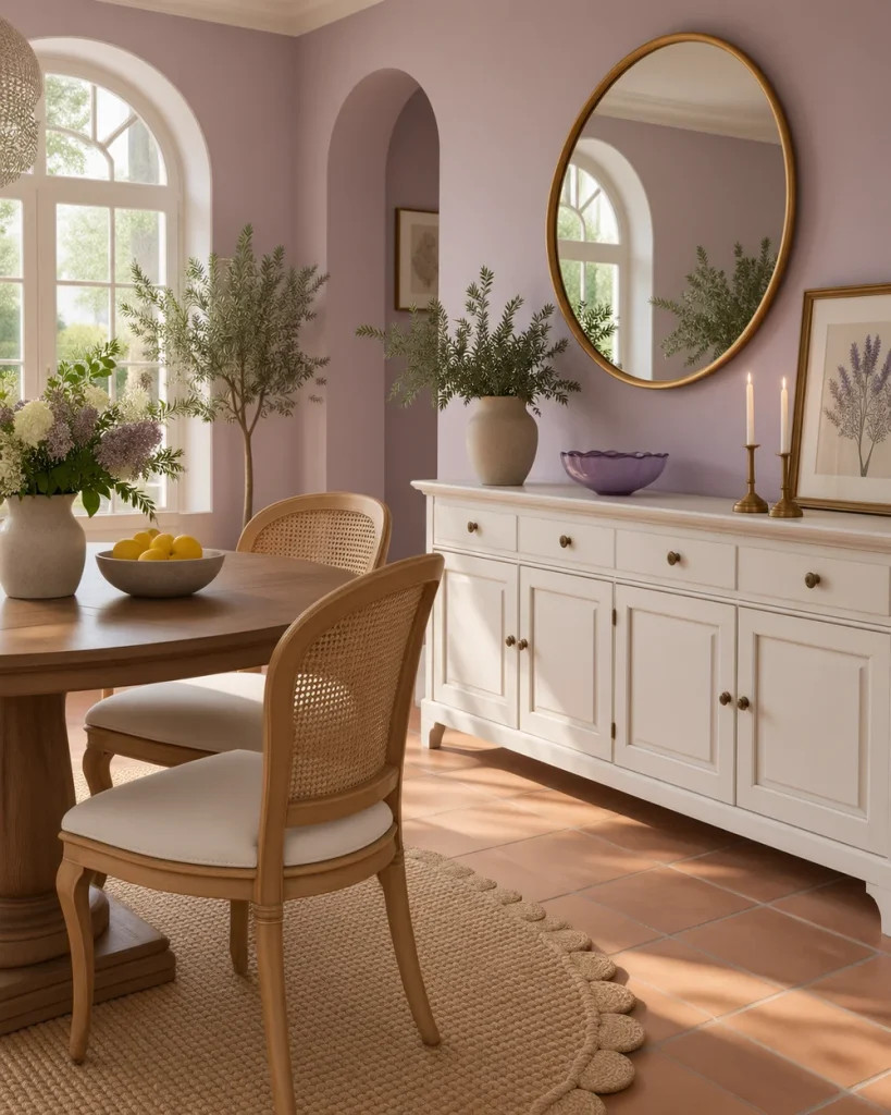 White dining room sideboard styled with a purple glass bowl, brass candlesticks, gold-framed mirror and purple botanical artwork.