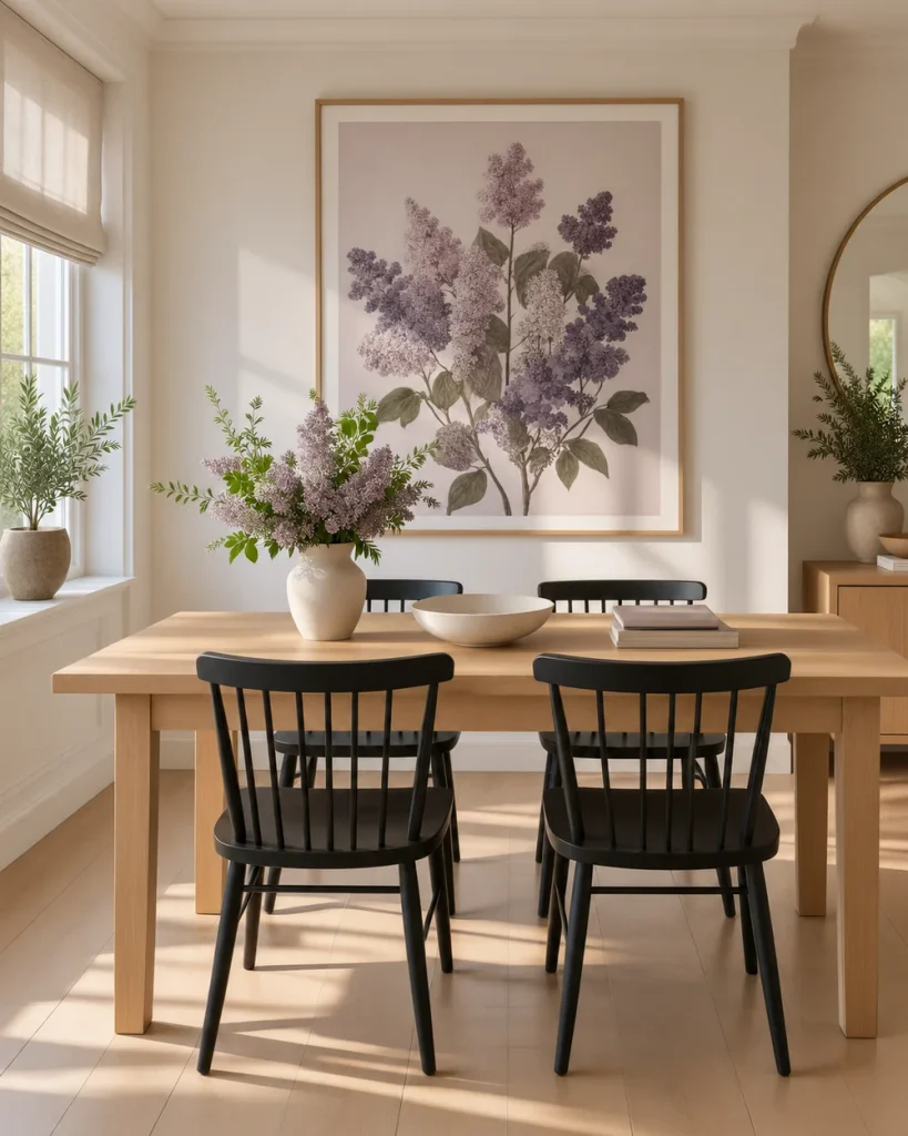 Large framed purple floral botanical art print above a light oak dining table with black spindle chairs and white walls.