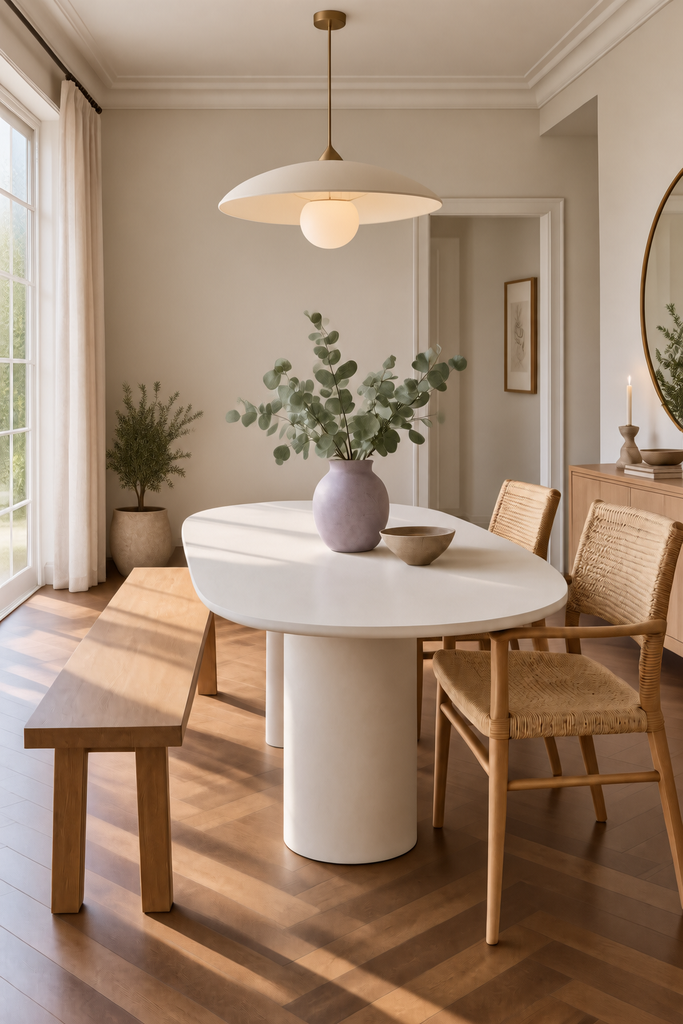 Lilac ceramic vase with eucalyptus greenery on a white oval dining table, paired with a wooden bench and woven chairs.