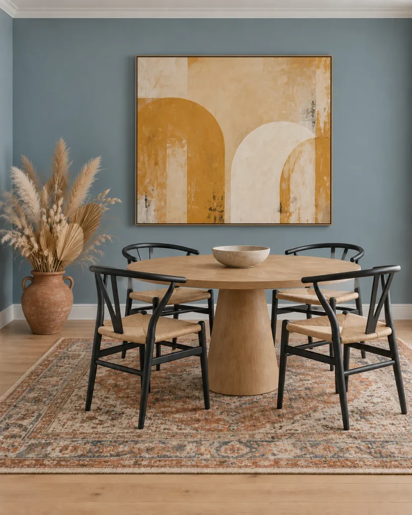 Dried pampas, wheat and palm spears in a terracotta crock beside a round oak pedestal table with black wishbone chairs in a dusty blue dining room
