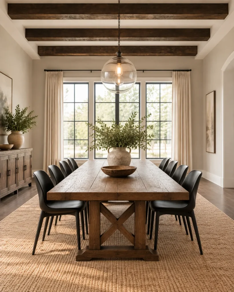 Rustic dining room with dark wood ceiling beams over a long trestle table, modern black chairs, a glass globe pendant and a jute rug