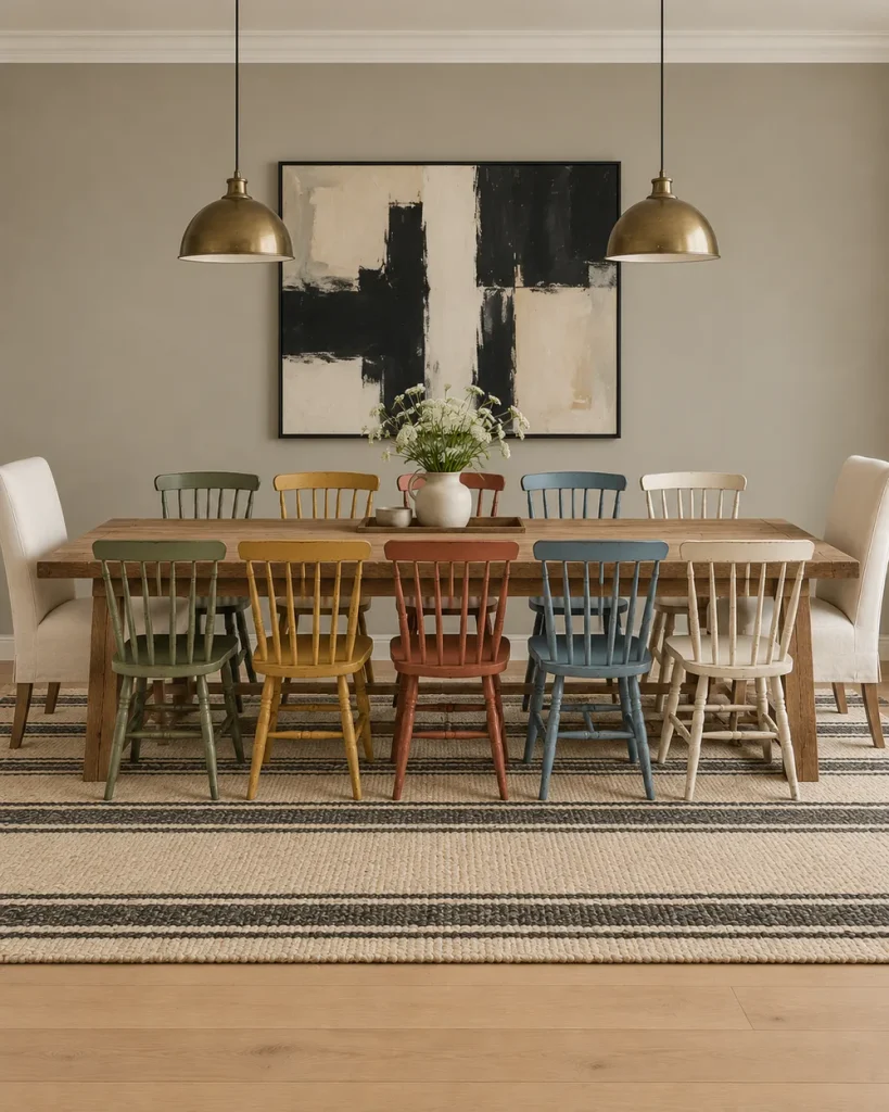Rustic dining room decor with a plank farmhouse table, spindle chairs painted in different muted colors and linen upholstered end chairs