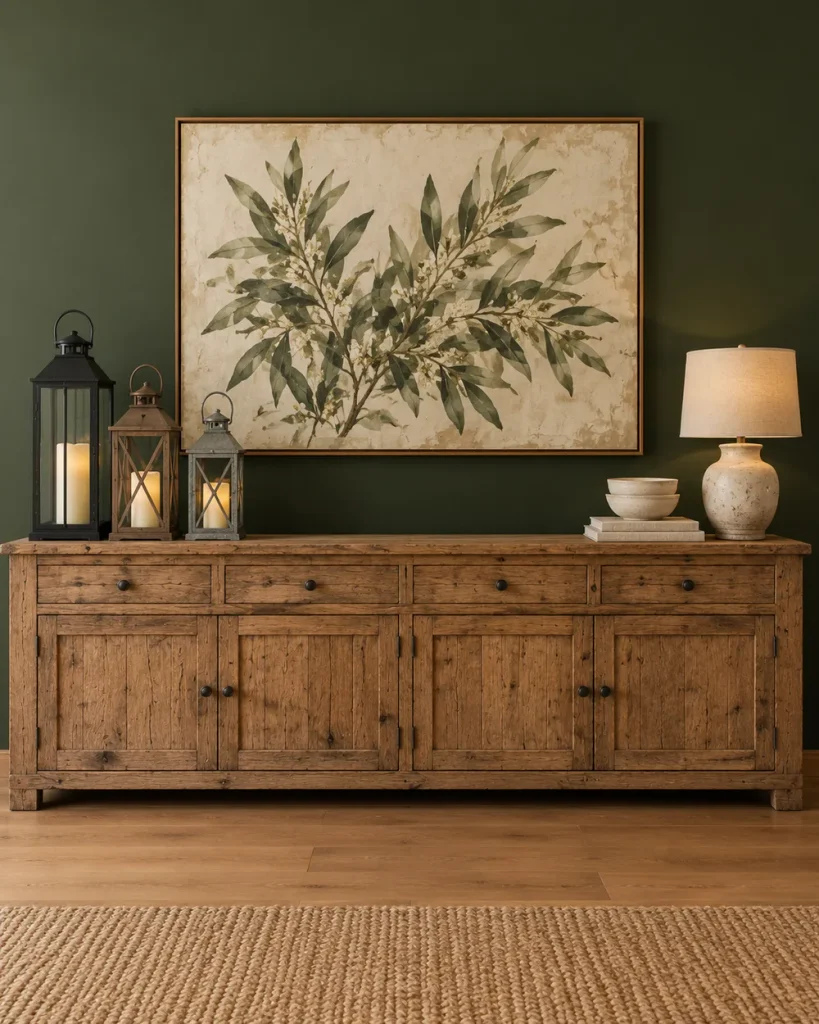 Three lanterns of different heights on a reclaimed wood sideboard with a stoneware lamp and a botanical print against a forest green wall