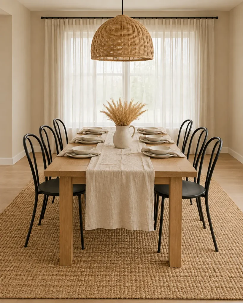 Light oak dining table with a washed linen runner, linen napkins and stoneware on a large chunky jute rug under a woven rattan pendant