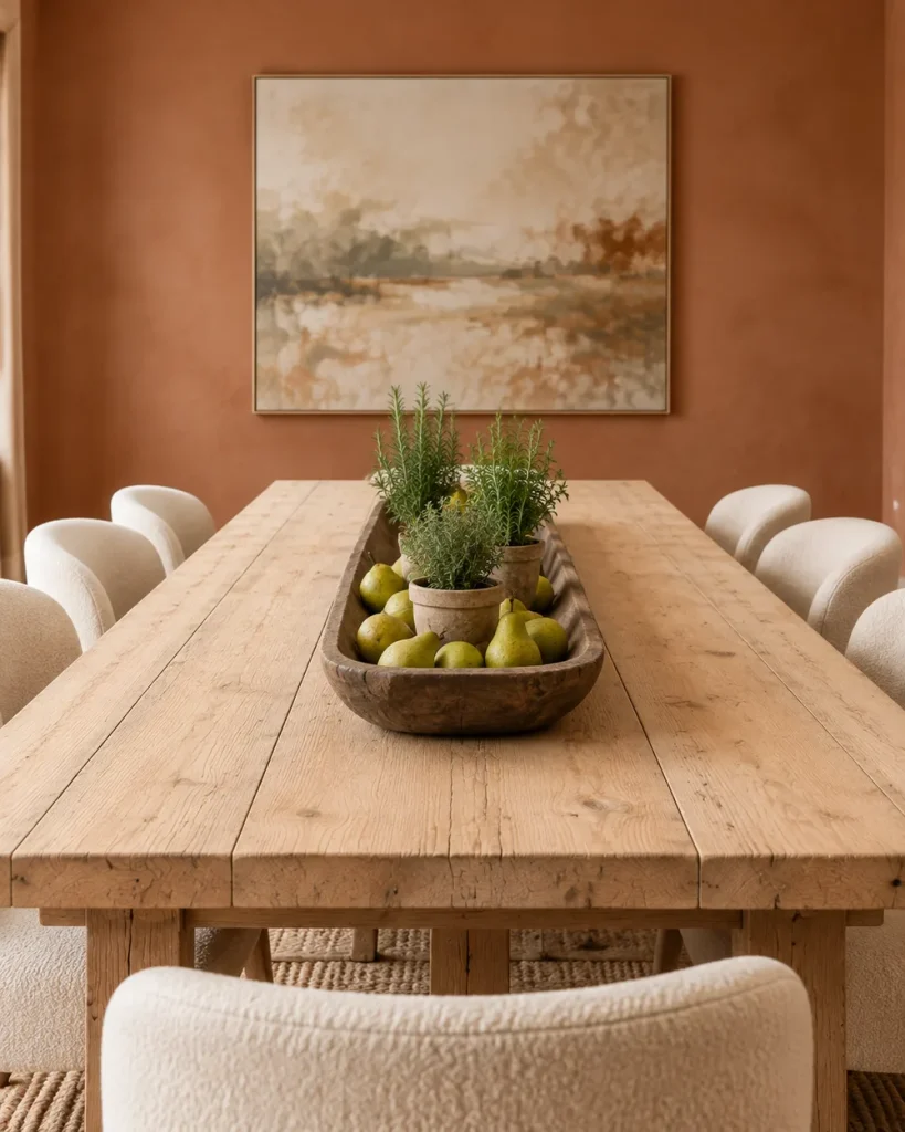 Long wooden dough bowl with green pears and potted rosemary on a rustic plank dining table with cream boucle chairs and a terracotta wall
