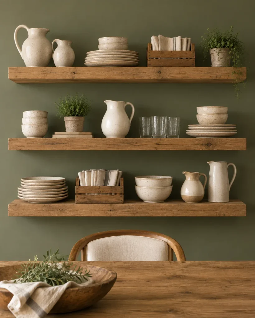 Three reclaimed wood floating shelves with speckled stoneware plates, pitchers, glasses and crates of linen napkins on a sage green dining room wall