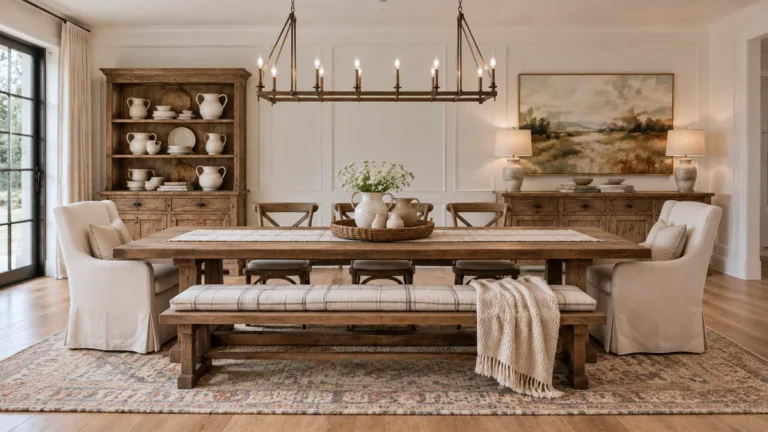 Cozy rustic dining room with a reclaimed wood trestle table, cross-back chairs, linen slipcovered chairs, a cushioned bench and a wood hutch of white pitchers