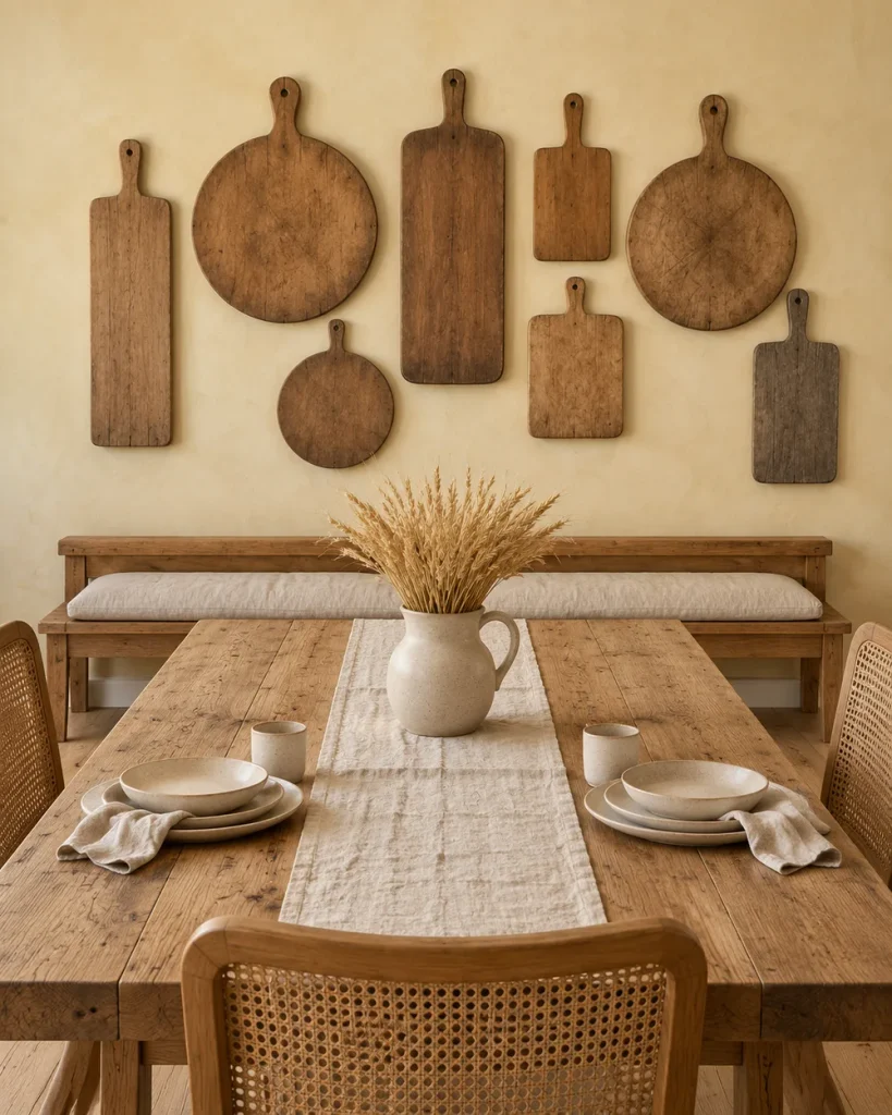 Vintage wooden bread boards in different shapes hung on a butter-yellow dining room wall above a cushioned bench and a rustic plank table with cane chairs