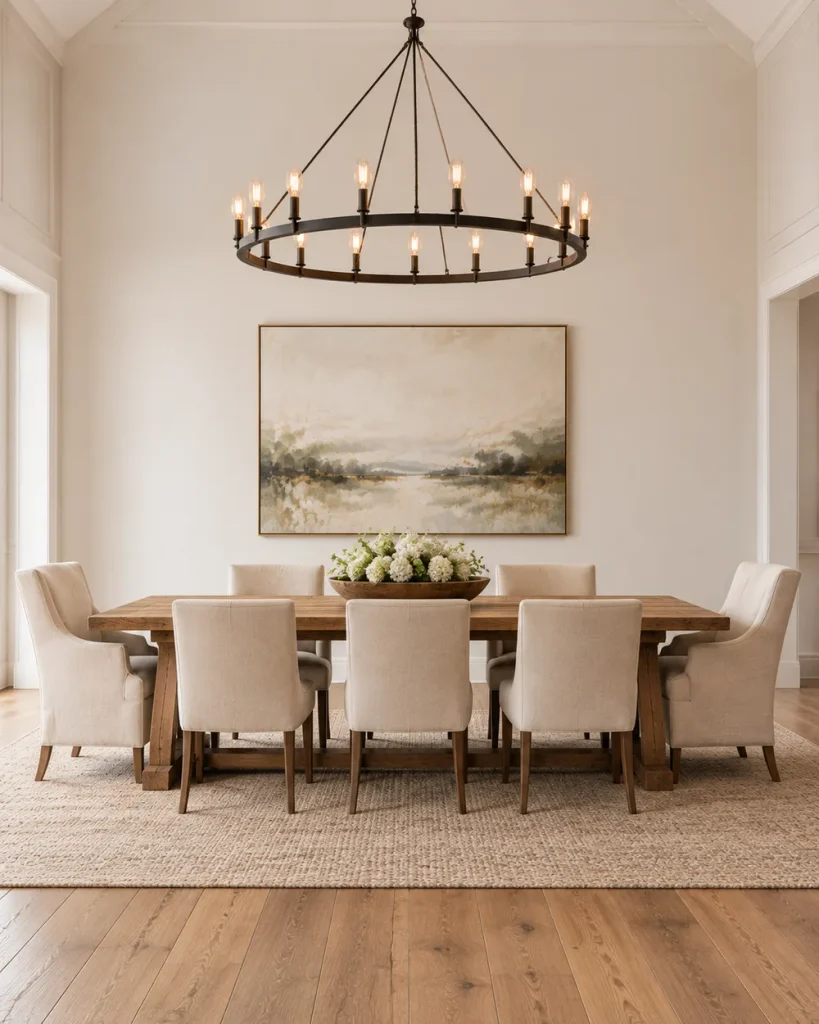 Black wrought iron ring chandelier with exposed bulbs over a rustic trestle dining table and linen upholstered chairs in a white high-ceiling dining room